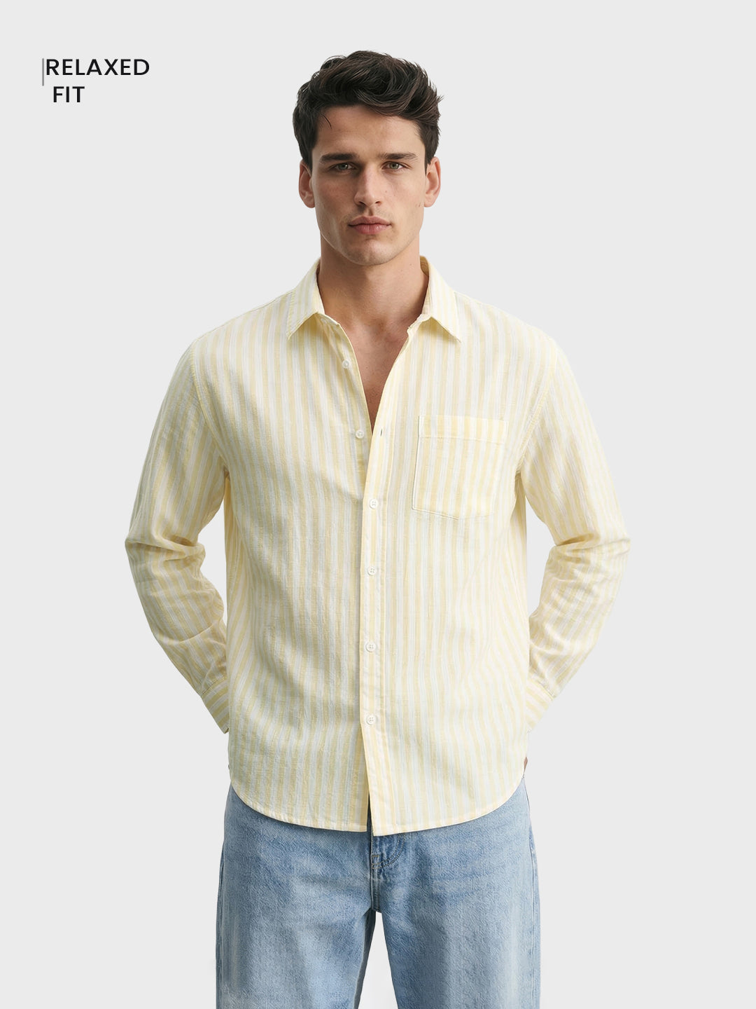 Men's Yellow Relaxed Fit Vertical Stripes Casual Shirt