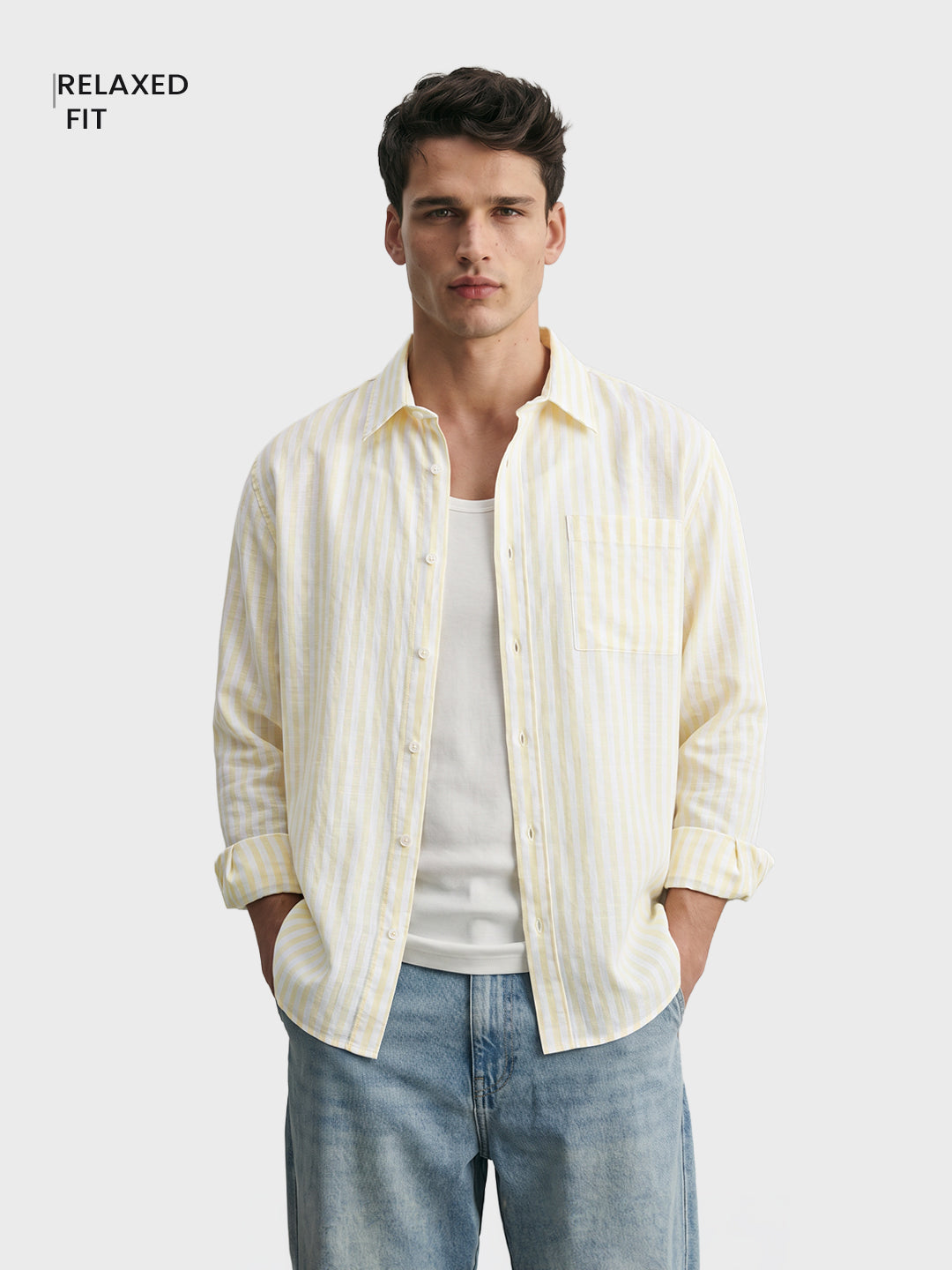 Men's Yellow Super Relaxed Fit Vertical Stripes Casual Shirt