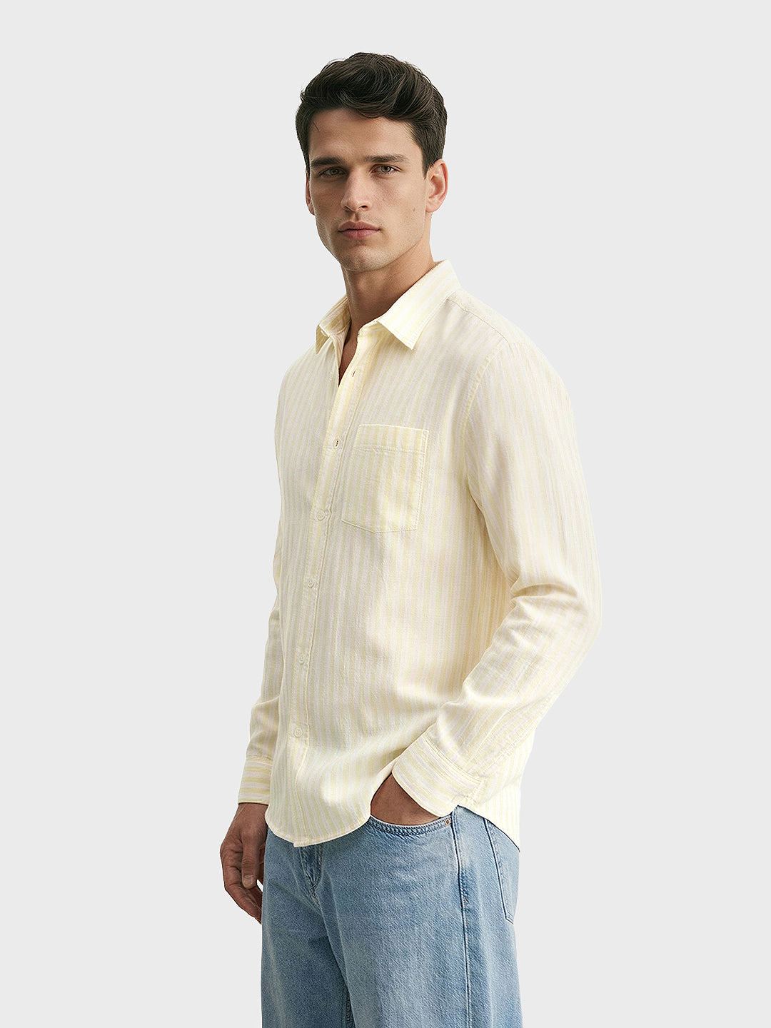 Men's Yellow Relaxed Fit Vertical Stripes Casual Shirt