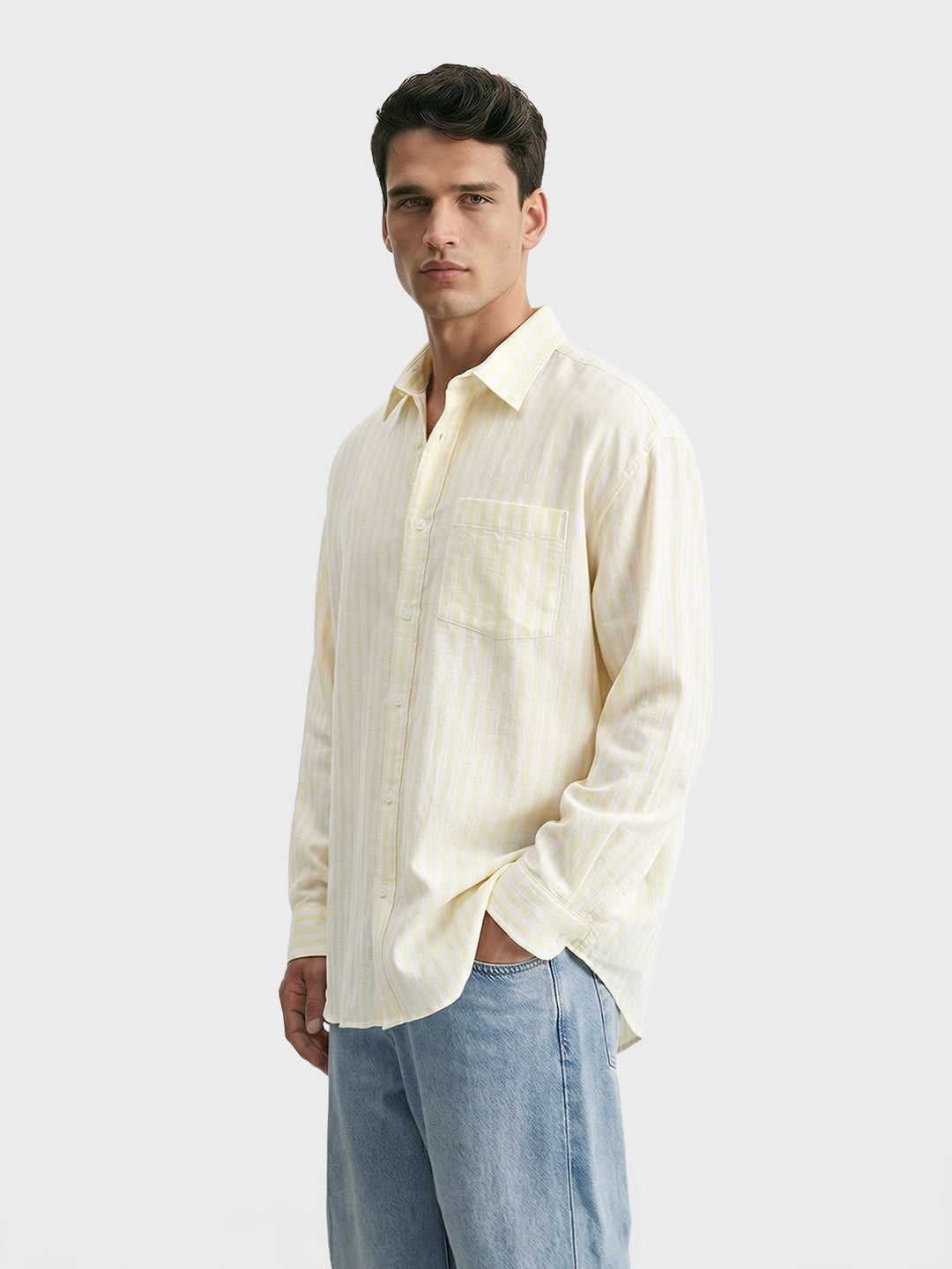Men's Yellow Super Relaxed Fit Vertical Stripes Casual Shirt