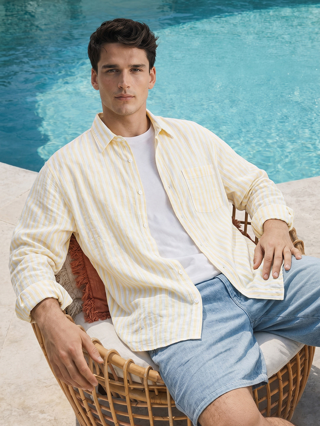 Men's Yellow Super Relaxed Fit Vertical Stripes Casual Shirt