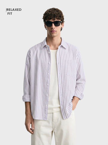 Men's Purple Super Relaxed Fit Vertical Stripes Casual Shirt