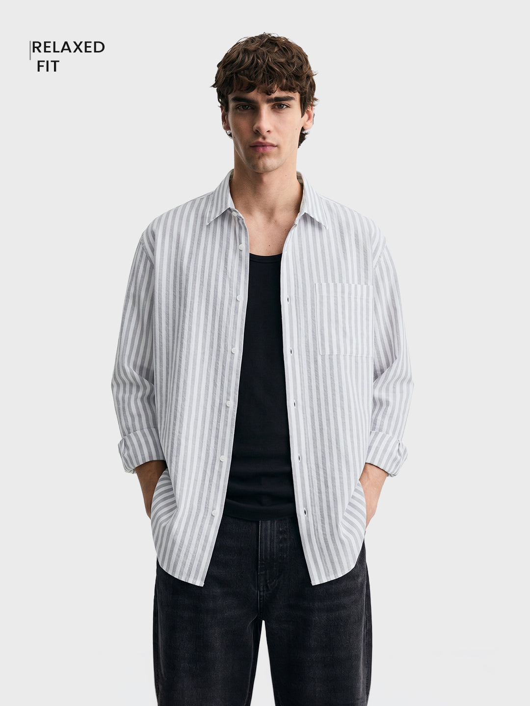 Men's Grey Super Relaxed Fit Vertical Stripes Casual Shirt