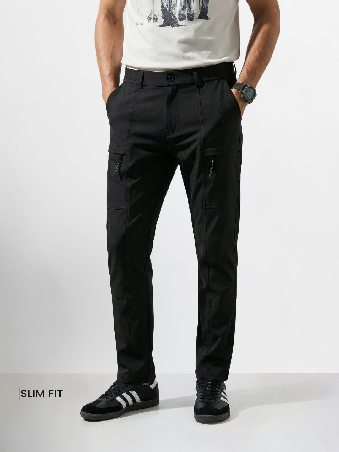 Men's Black Slim Fit Solid Utility Cargo