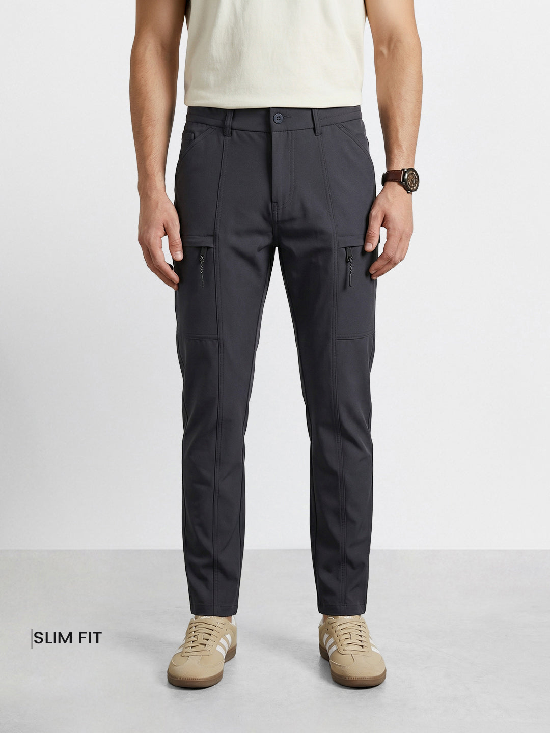 Men's Grey Slim Fit Solid Utility Cargo