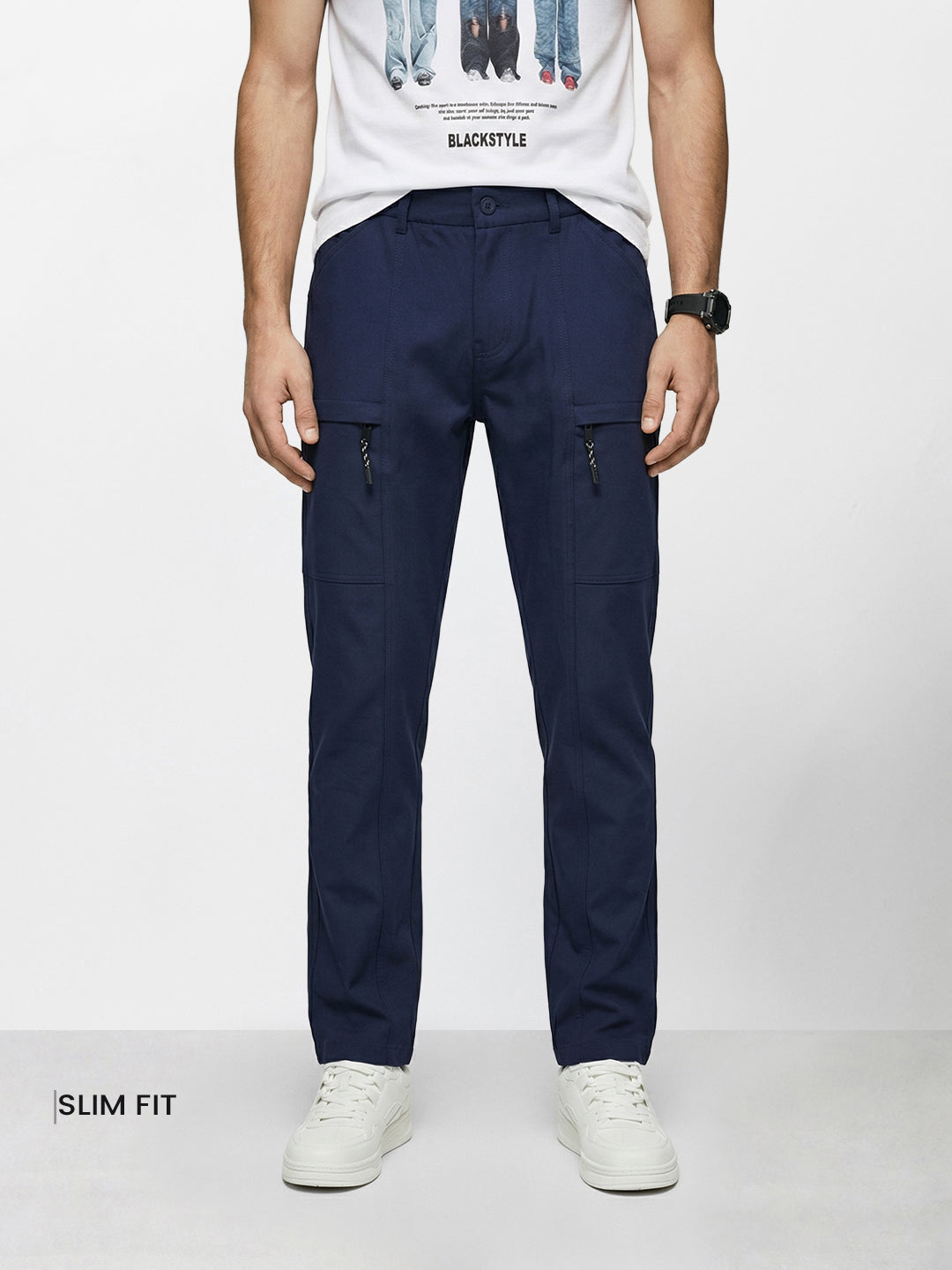 Men's Blue Slim Fit Solid Utility Cargo