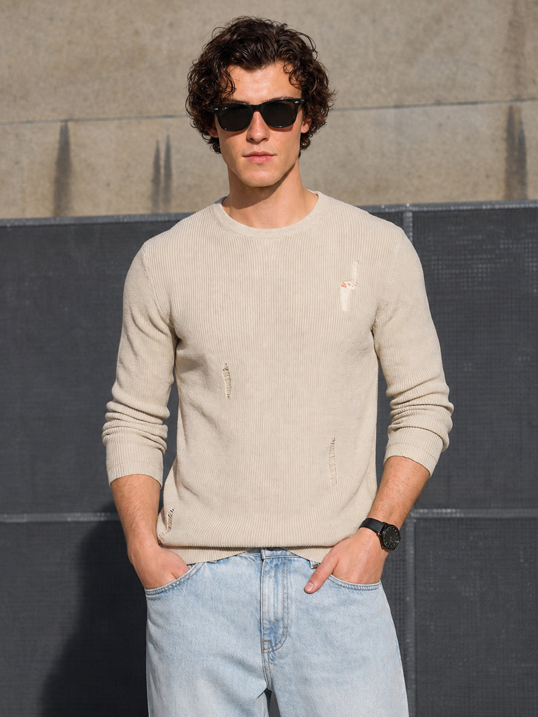 Men's Beige Slim Fit Casual T-Shirt