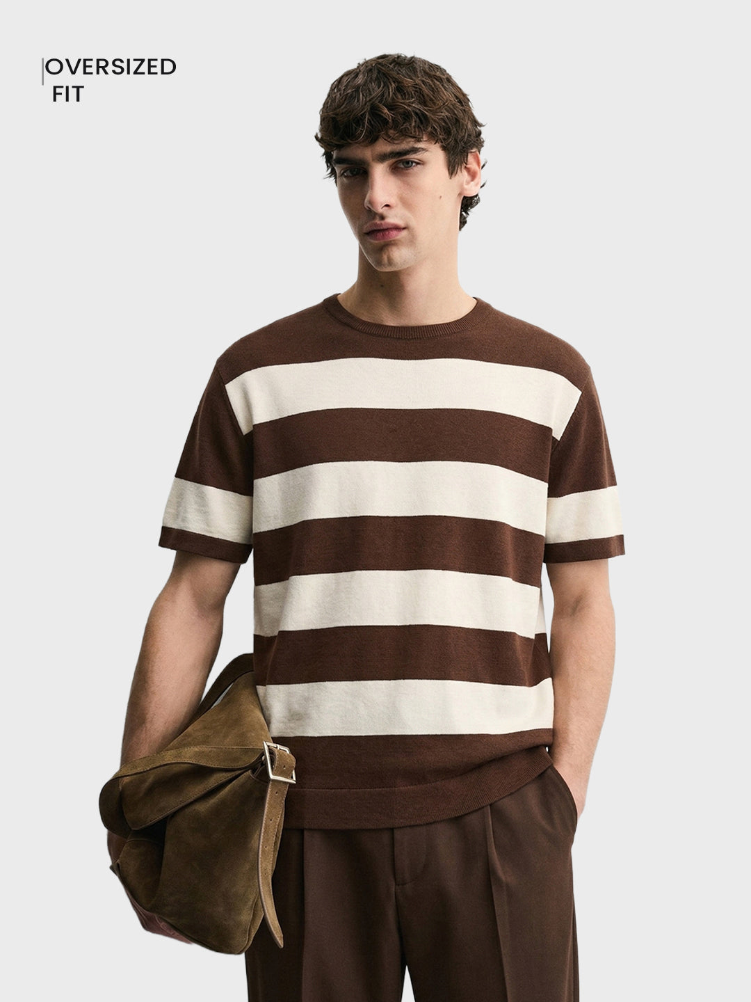 Men's Brown Oversized Fit Striped Casual T-Shirt