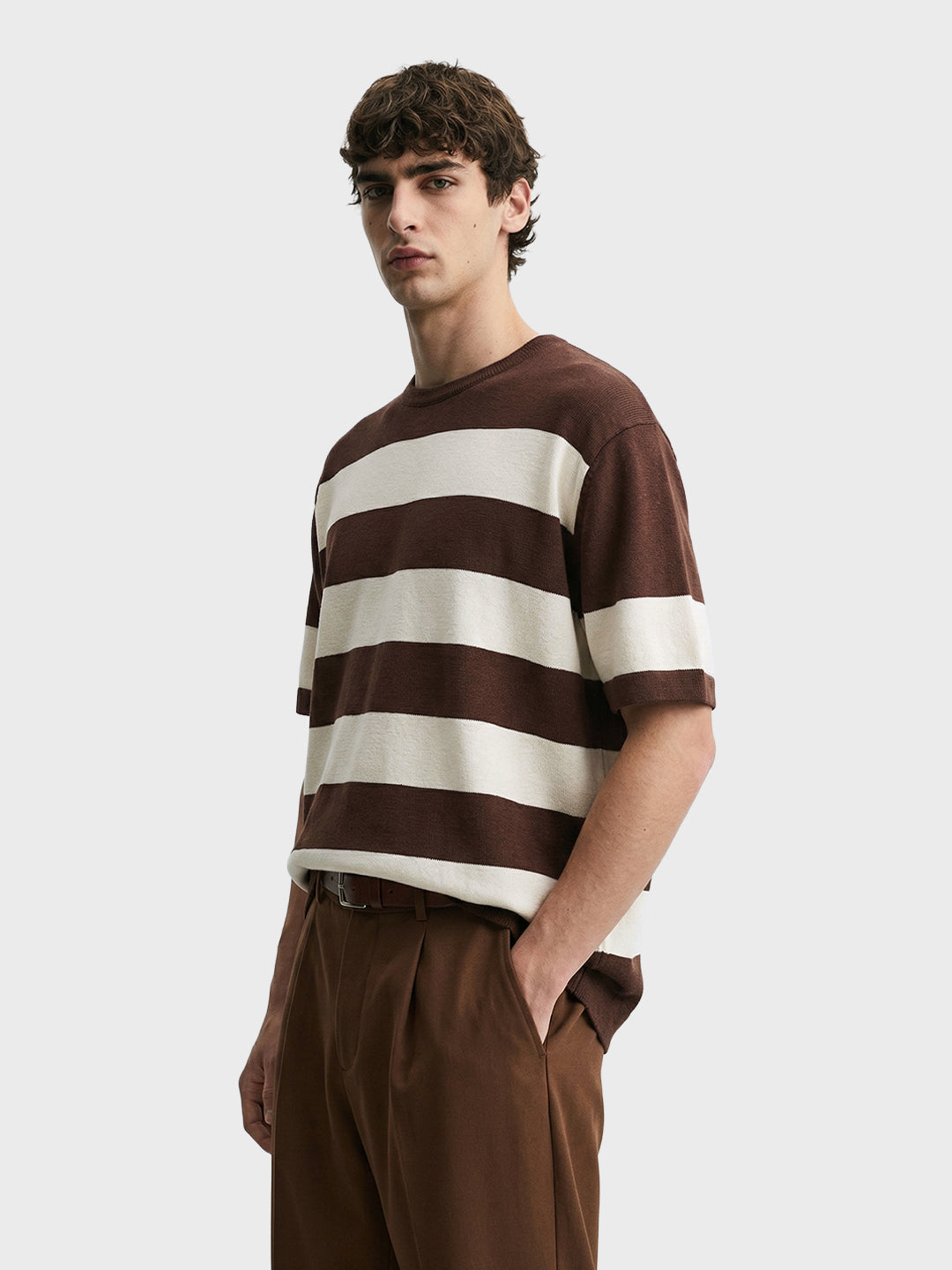 Men's Brown Oversized Fit Striped Casual T-Shirt