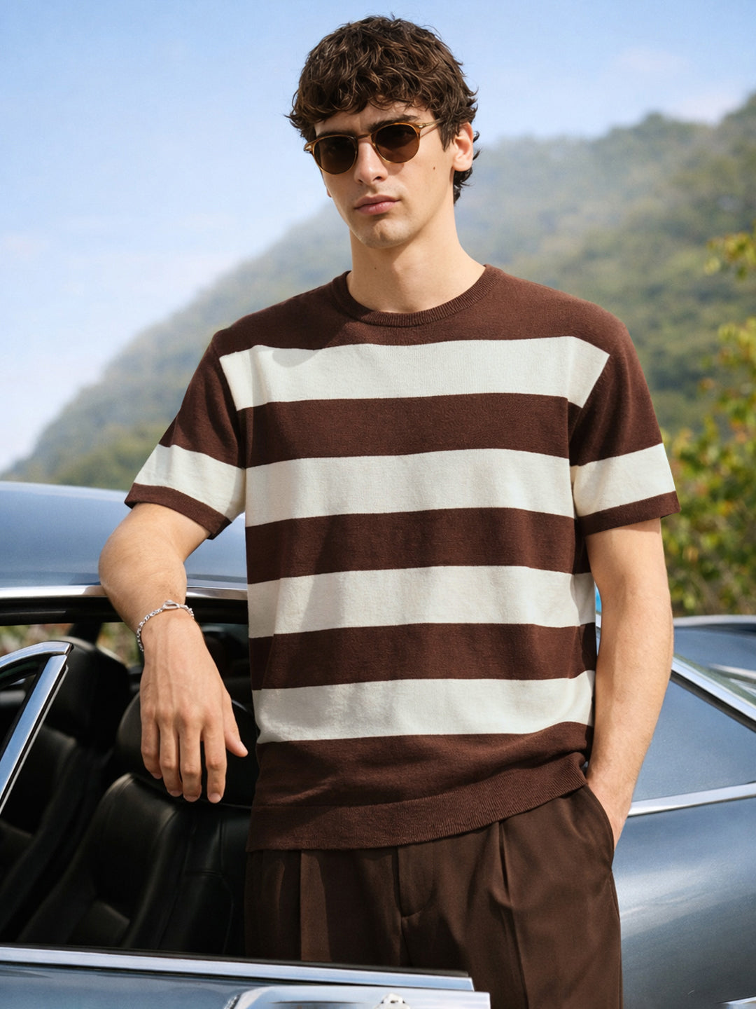 Men's Brown Oversized Fit Striped Casual T-Shirt