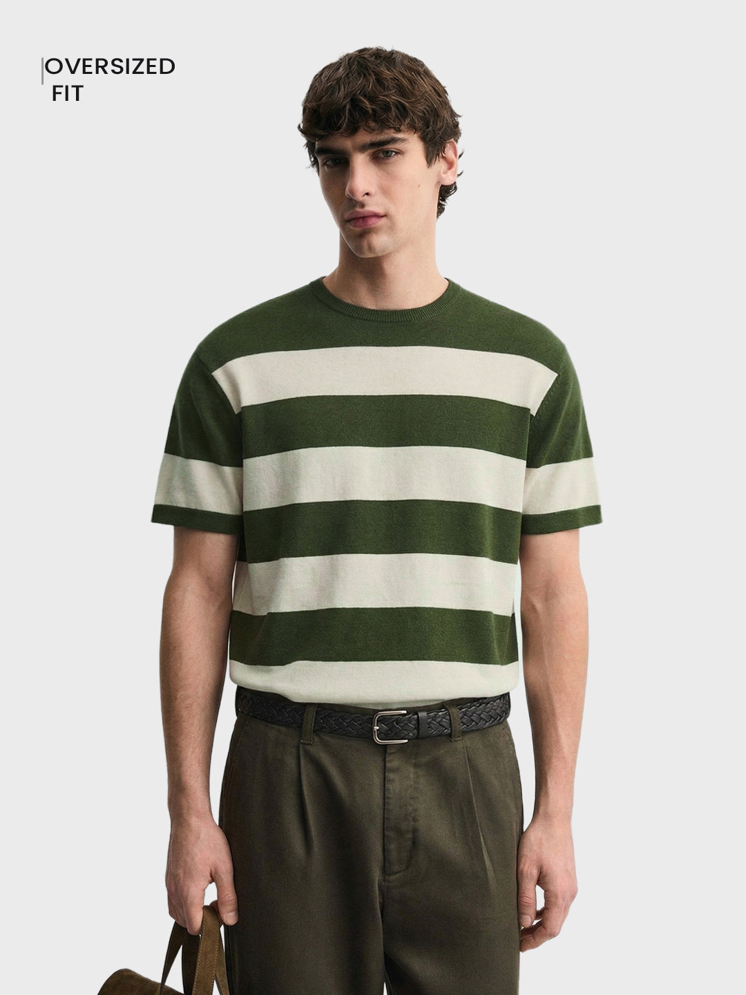 Men's Green Oversized Fit Striped Casual T-Shirt