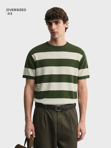Men's Green Oversized Fit Striped Casual T-Shirt