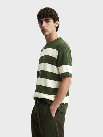 Men's Green Oversized Fit Striped Casual T-Shirt