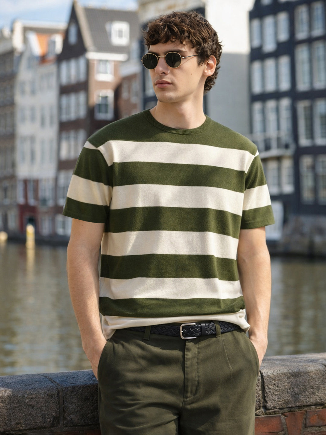 Men's Green Oversized Fit Striped Casual T-Shirt