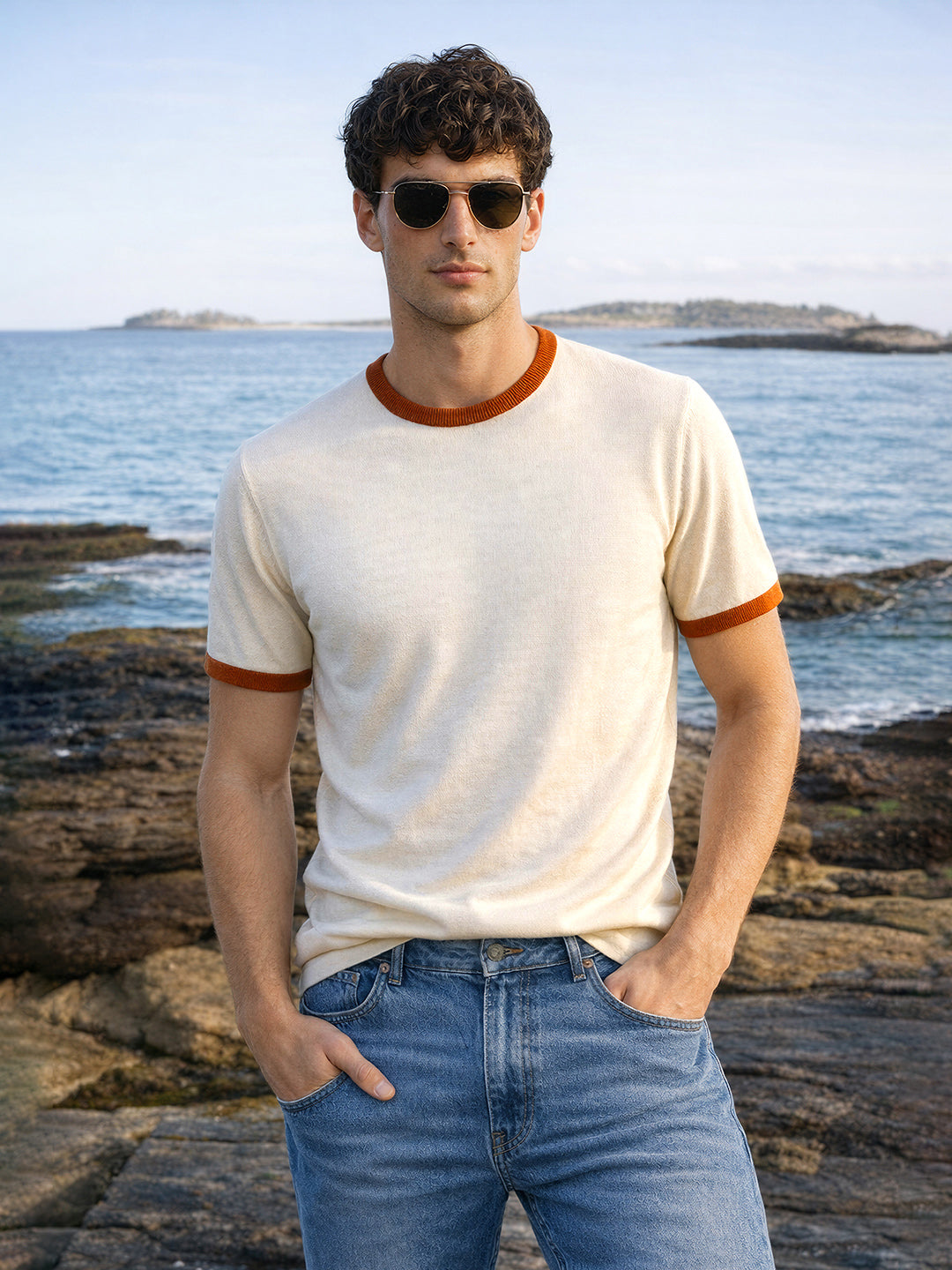 Men's Cream Slim Fit Solid Casual T-Shirt