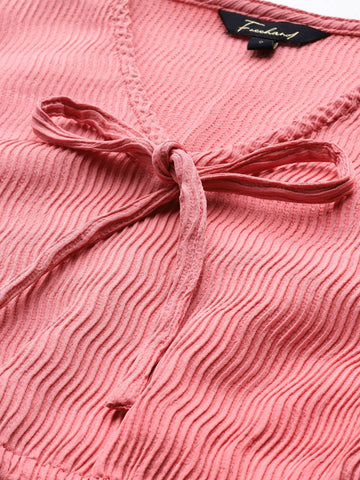 Freehand Peach The Indian Garage Co Women Regular Fit Textured Cinched Waist Top