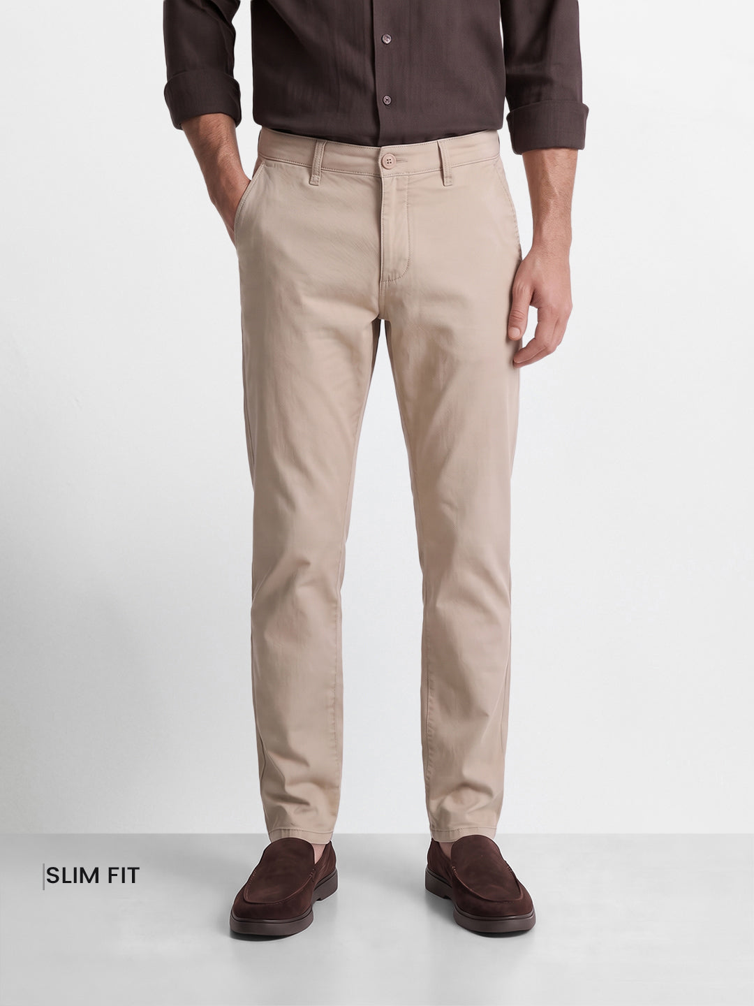 Men's Beige Slim Fit Solid Casual Chinos