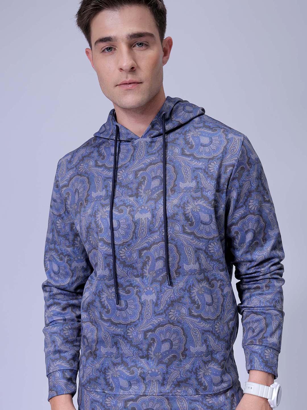 Men's Navy Blue Regular Fit Paisley Overhead-Hooded Sweatshirt