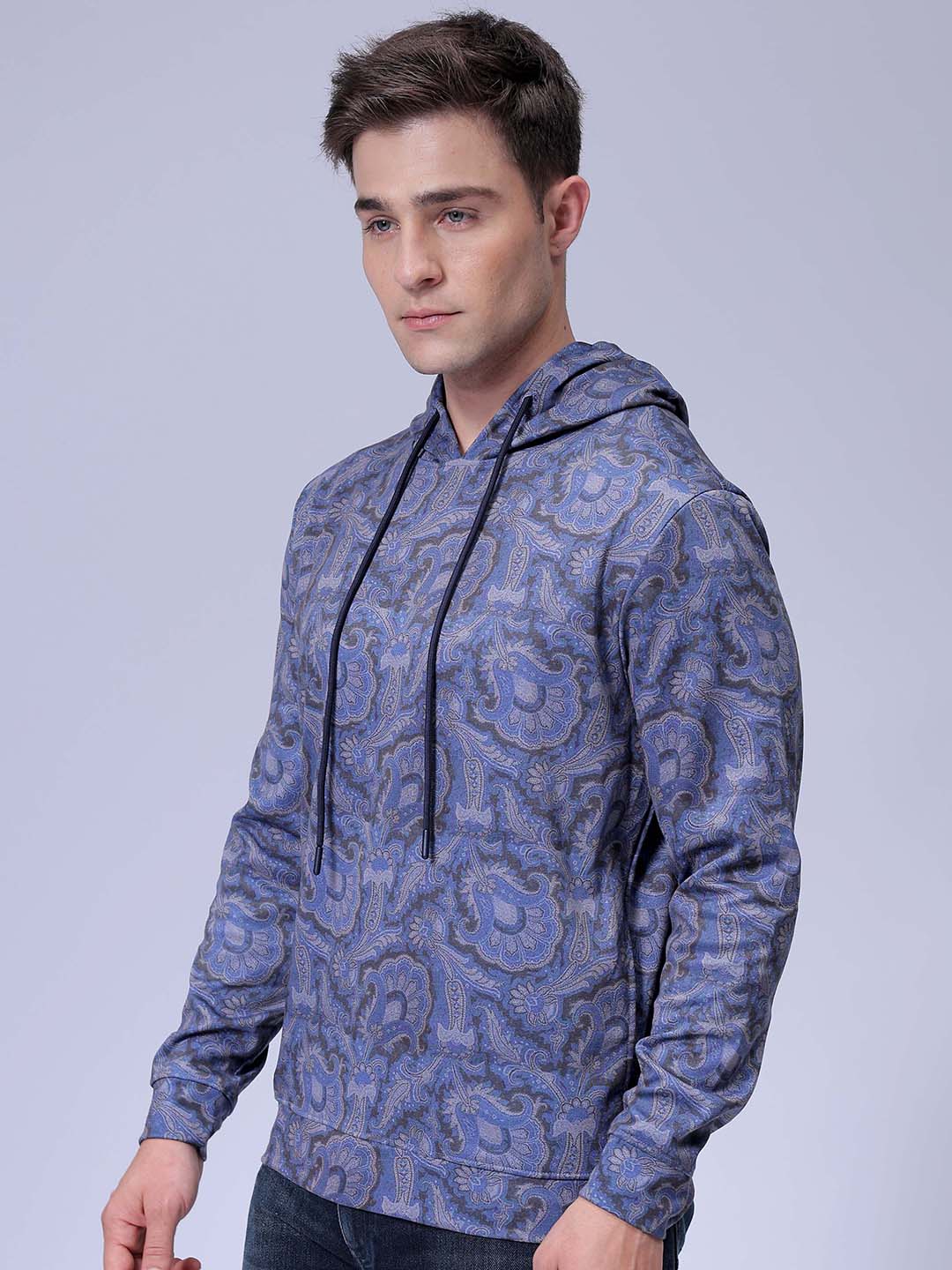 Men's Navy Blue Regular Fit Paisley Overhead-Hooded Sweatshirt
