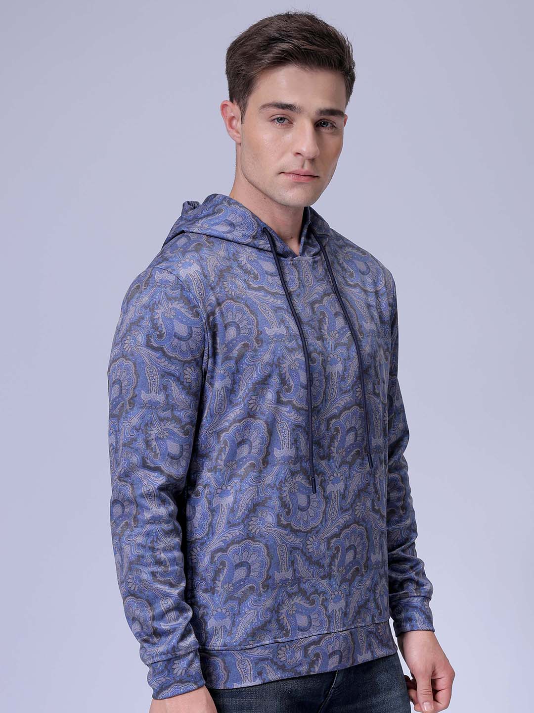 Men's Navy Blue Regular Fit Paisley Overhead-Hooded Sweatshirt
