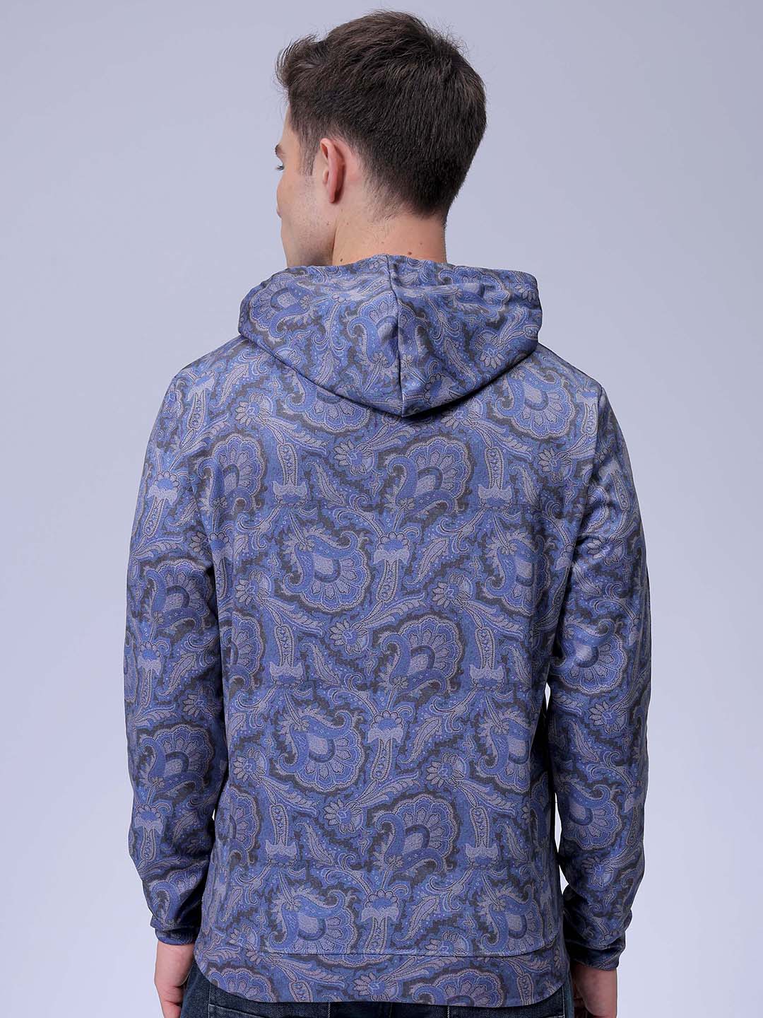 Men's Navy Blue Regular Fit Paisley Overhead-Hooded Sweatshirt