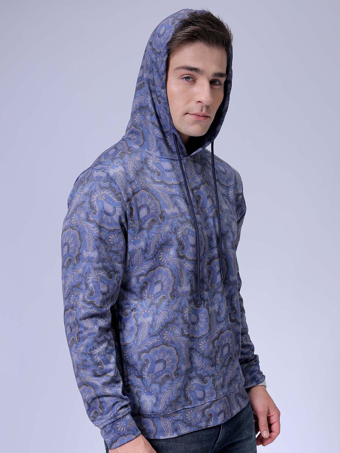 Men's Navy Blue Regular Fit Paisley Overhead-Hooded Sweatshirt