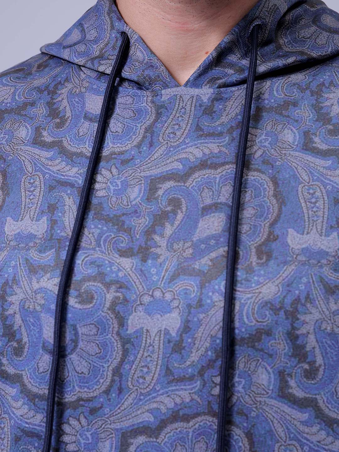 Men's Navy Blue Regular Fit Paisley Overhead-Hooded Sweatshirt