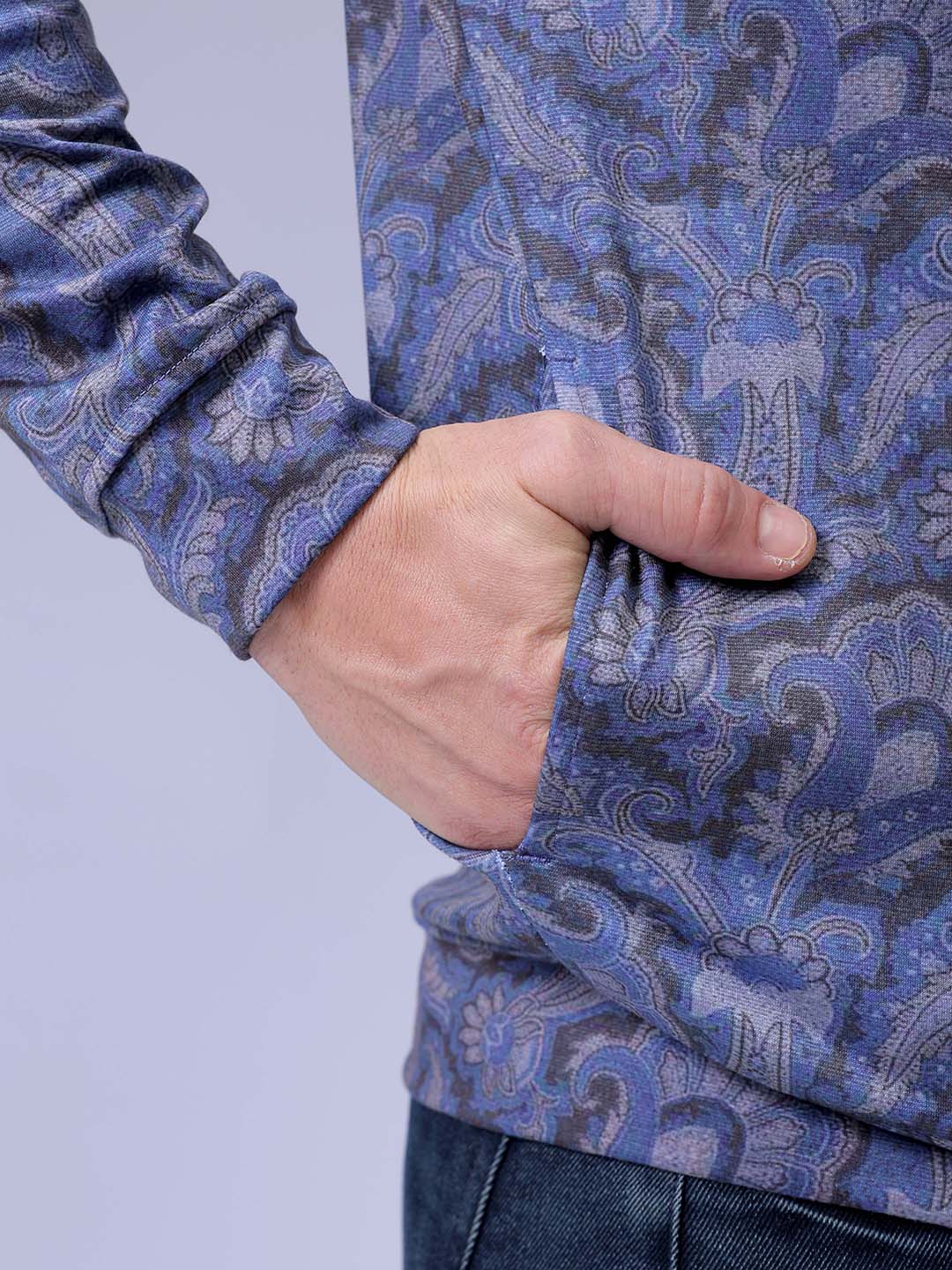 Men's Navy Blue Regular Fit Paisley Overhead-Hooded Sweatshirt