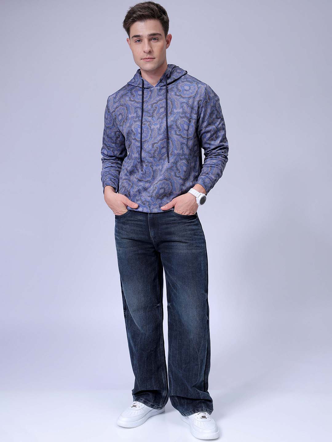 Men's Navy Blue Regular Fit Paisley Overhead-Hooded Sweatshirt