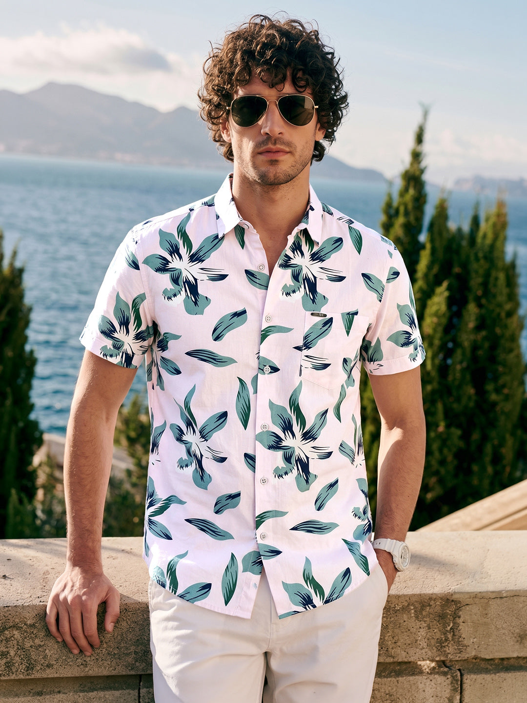 Men's Pink Slim Fit Printed Resort Wear Shirt