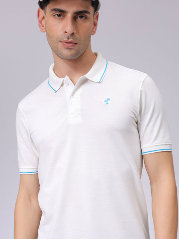 Men's White Slim Fit Solid Polo Collar T-shirt
