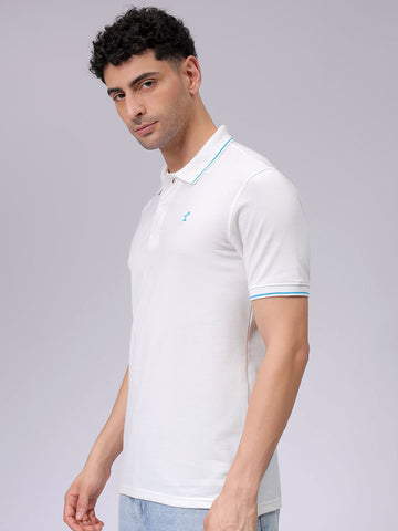 Men's White Slim Fit Solid Polo Collar T-shirt