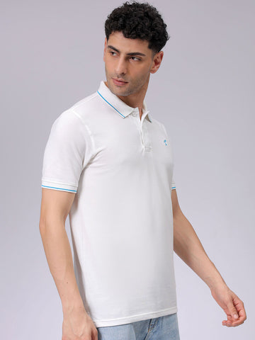 Men's White Slim Fit Solid Polo Collar T-shirt