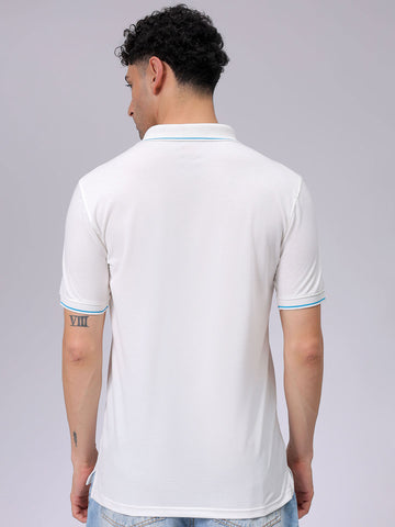 Men's White Slim Fit Solid Polo Collar T-shirt