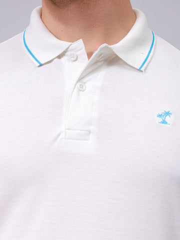 Men's White Slim Fit Solid Polo Collar T-shirt