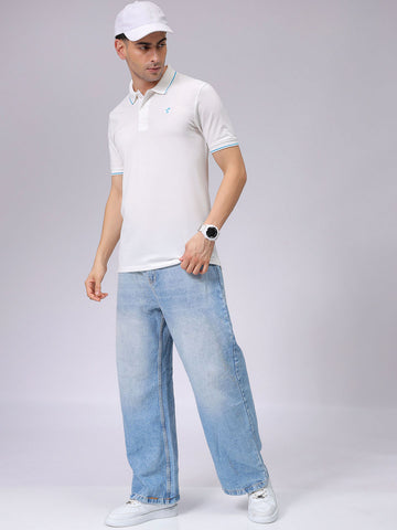 Men's White Slim Fit Solid Polo Collar T-shirt