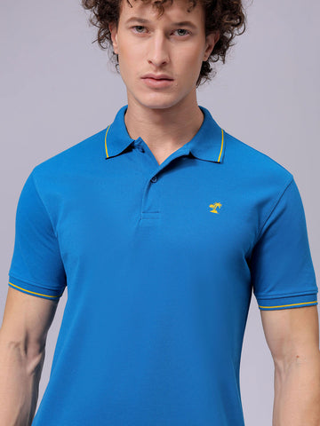 Men's Blue Slim Fit Solid Polo Collar T-shirt
