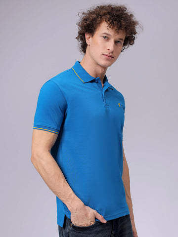 Men's Blue Slim Fit Solid Polo Collar T-shirt