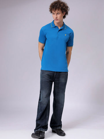 Men's Blue Slim Fit Solid Polo Collar T-shirt