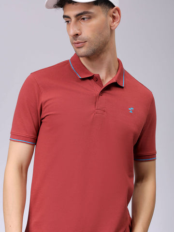 Men's Rust Slim Fit Solid Polo Collar T-shirt