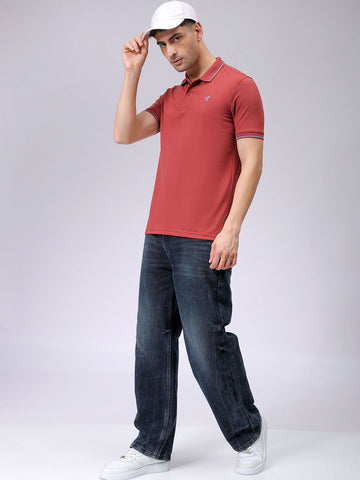 Men's Rust Slim Fit Solid Polo Collar T-shirt