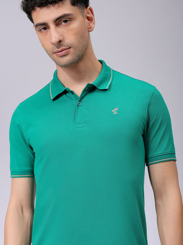 Men's Green Slim Fit Solid Polo Collar T-shirt
