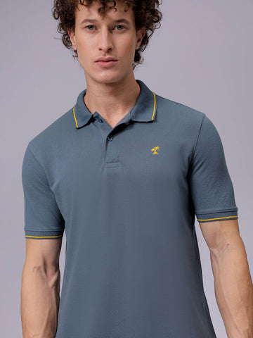 Men's Blue Slim Fit Solid Polo Collar T-shirt