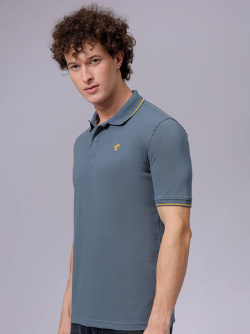 Men's Blue Slim Fit Solid Polo Collar T-shirt