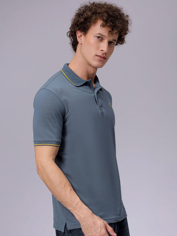 Men's Blue Slim Fit Solid Polo Collar T-shirt