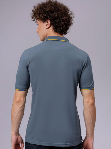 Men's Blue Slim Fit Solid Polo Collar T-shirt