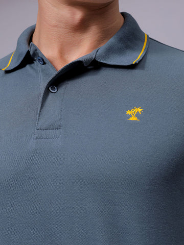 Men's Blue Slim Fit Solid Polo Collar T-shirt