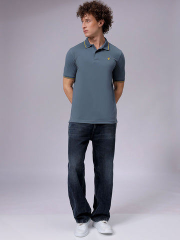 Men's Blue Slim Fit Solid Polo Collar T-shirt