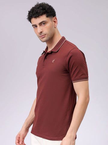 Men's Brown Slim Fit Solid Polo Collar T-shirt