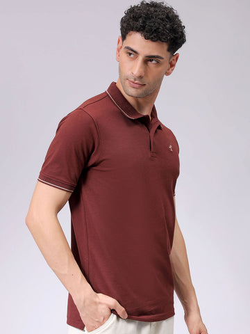 Men's Brown Slim Fit Solid Polo Collar T-shirt